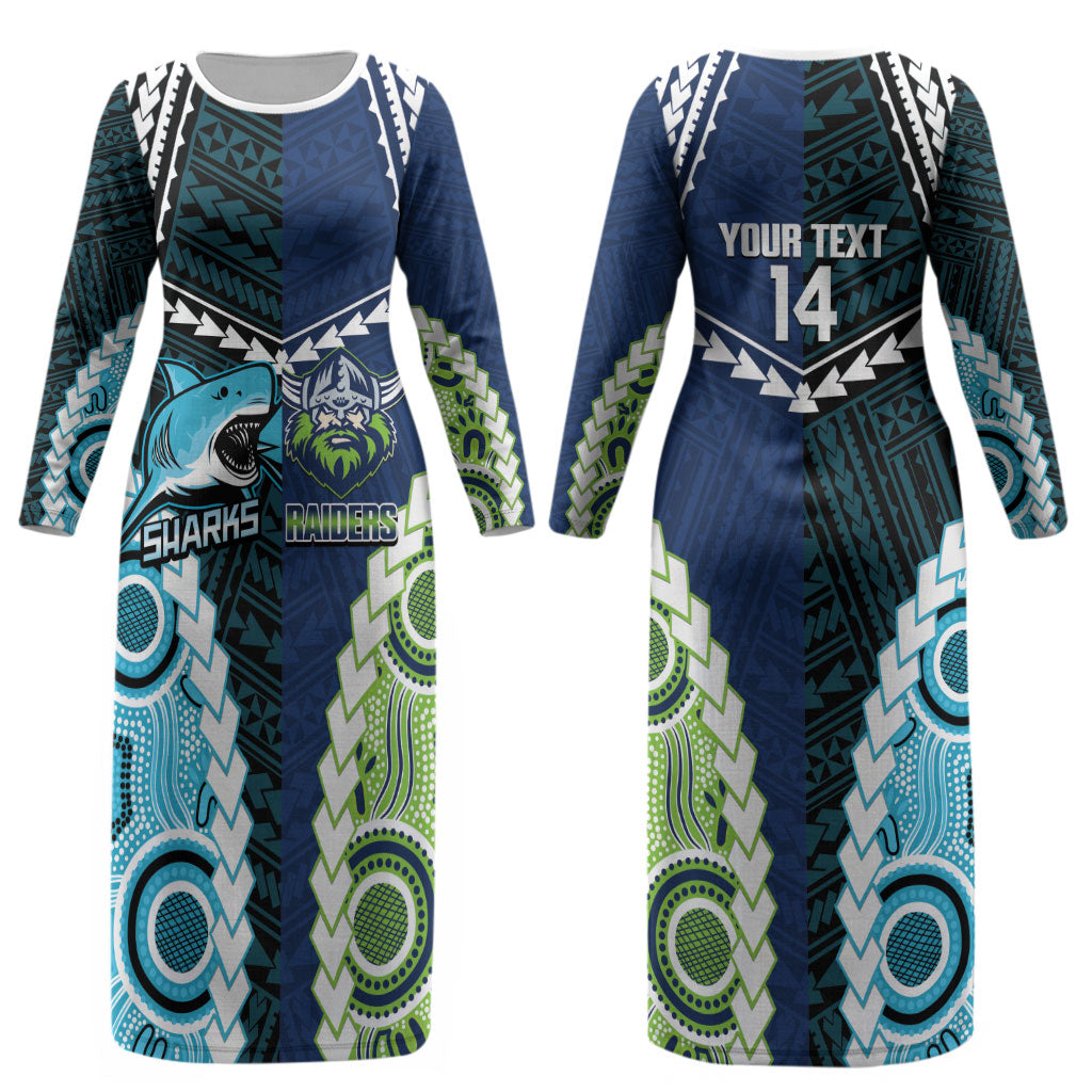 Custom Rugby Sharks and Raiders Couples Matching Long Sleeve Bodycon Dress and Long Sleeve Button Shirt 2026 Together Aboriginal Polynesian Pattern LT14