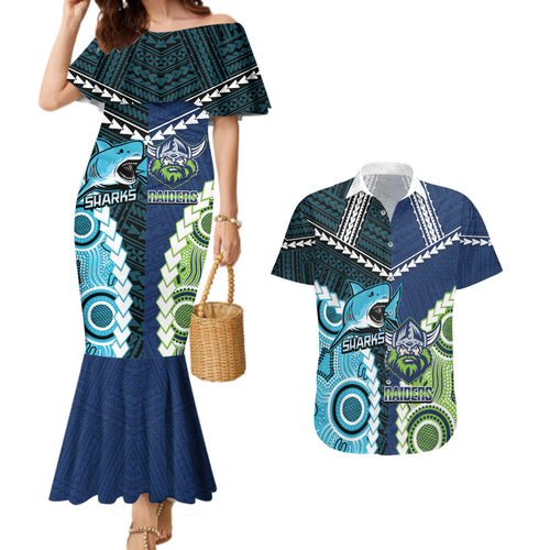 Custom Rugby Sharks and Raiders Couples Matching Mermaid Dress and Hawaiian Shirt 2026 Together Aboriginal Polynesian Pattern