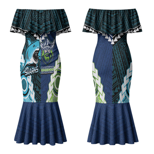 Custom Rugby Sharks and Raiders Couples Matching Mermaid Dress and Hawaiian Shirt 2026 Together Aboriginal Polynesian Pattern LT14