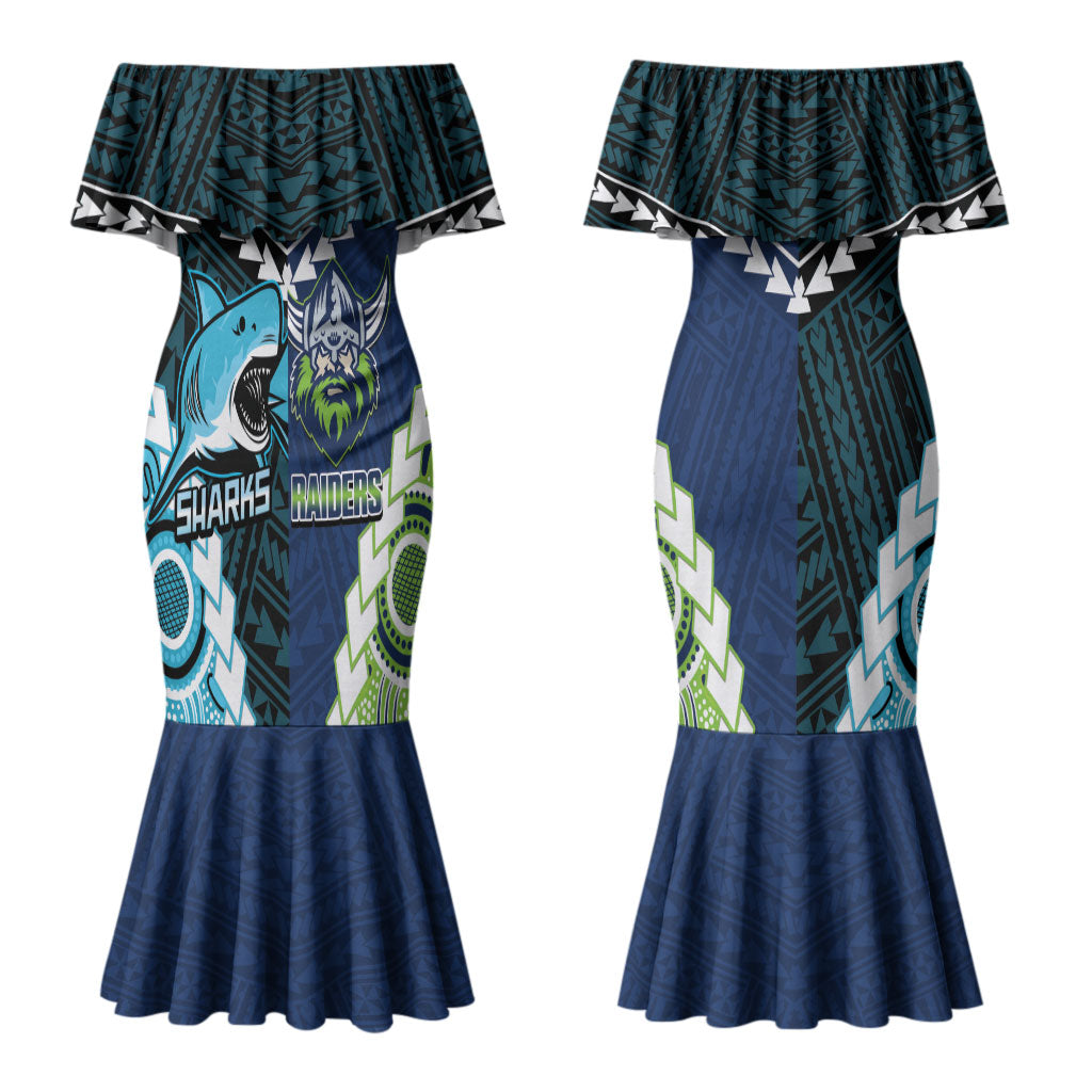 Custom Rugby Sharks and Raiders Couples Matching Mermaid Dress and Long Sleeve Button Shirt 2026 Together Aboriginal Polynesian Pattern LT14