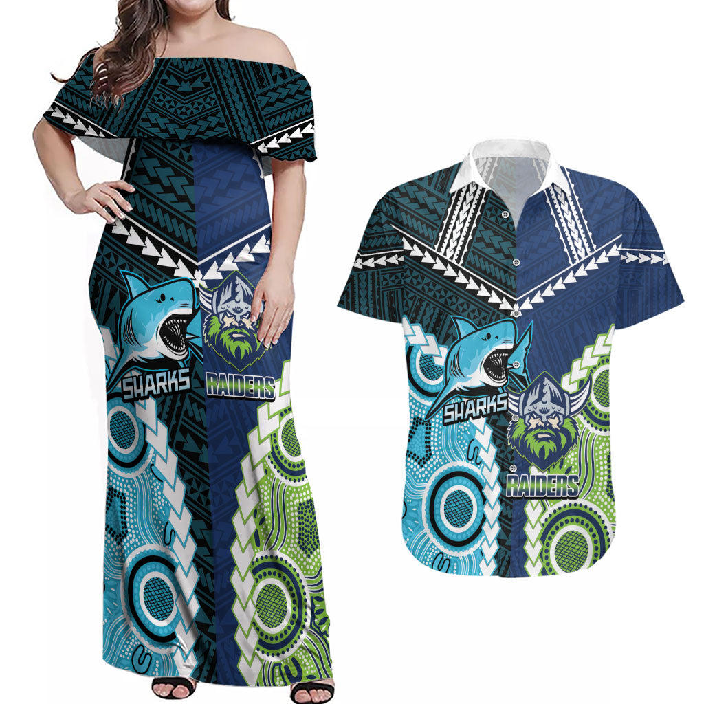 Custom Rugby Sharks and Raiders Couples Matching Off Shoulder Maxi Dress and Hawaiian Shirt 2026 Together Aboriginal Polynesian Pattern