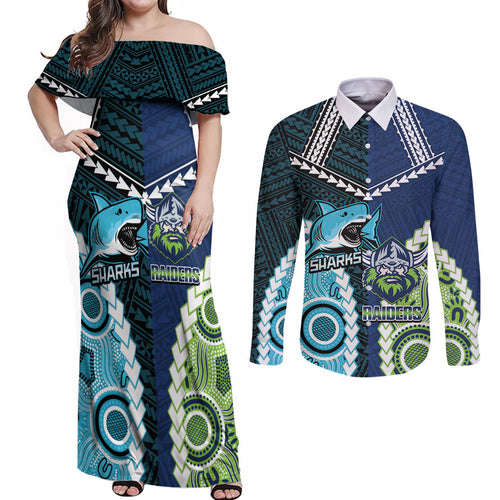 Custom Rugby Sharks and Raiders Couples Matching Off Shoulder Maxi Dress and Long Sleeve Button Shirt 2026 Together Aboriginal Polynesian Pattern
