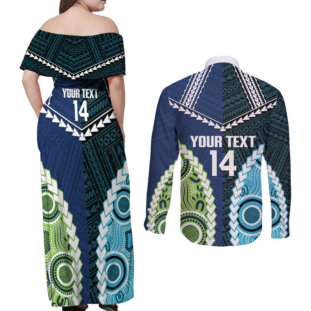 Custom Rugby Sharks and Raiders Couples Matching Off Shoulder Maxi Dress and Long Sleeve Button Shirt 2026 Together Aboriginal Polynesian Pattern