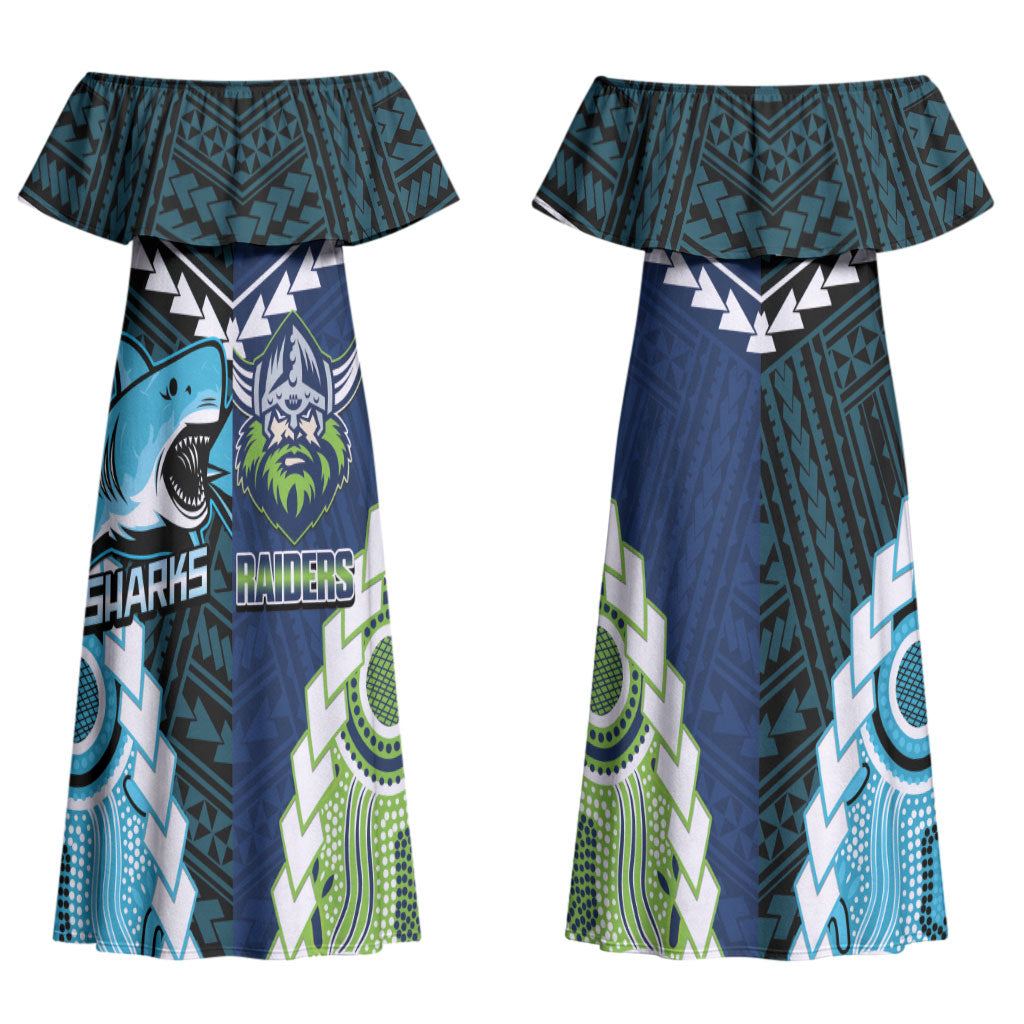 Custom Rugby Sharks and Raiders Couples Matching Off Shoulder Maxi Dress and Long Sleeve Button Shirt 2026 Together Aboriginal Polynesian Pattern LT14