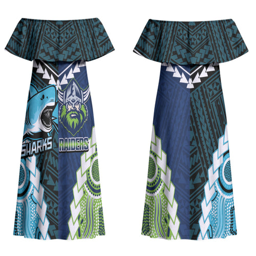 Custom Rugby Sharks and Raiders Couples Matching Off Shoulder Maxi Dress and Long Sleeve Button Shirt 2026 Together Aboriginal Polynesian Pattern LT14