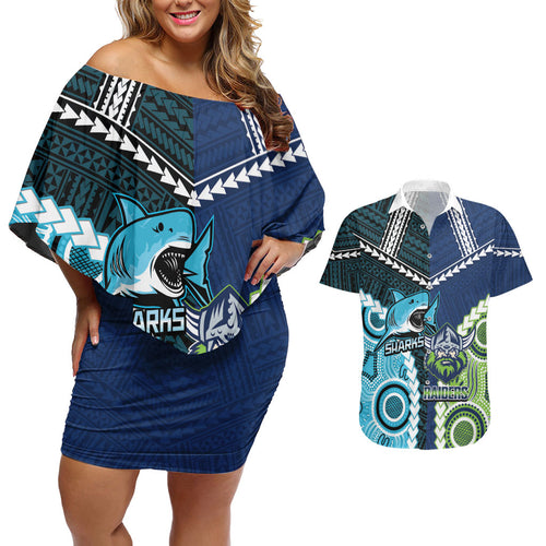 Custom Rugby Sharks and Raiders Couples Matching Off Shoulder Short Dress and Hawaiian Shirt 2026 Together Aboriginal Polynesian Pattern