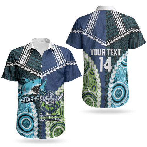 Custom Rugby Sharks and Raiders Couples Matching Off Shoulder Short Dress and Hawaiian Shirt 2026 Together Aboriginal Polynesian Pattern LT14