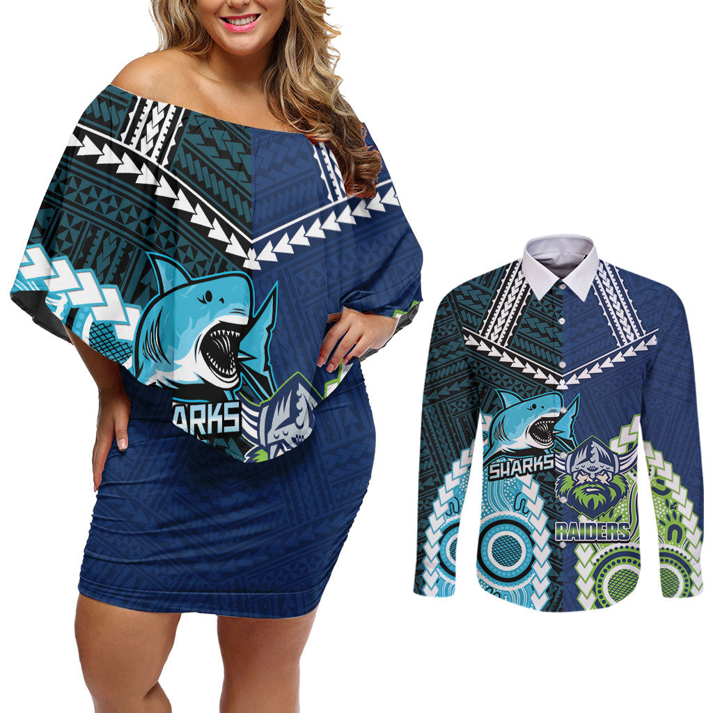 Custom Rugby Sharks and Raiders Couples Matching Off Shoulder Short Dress and Long Sleeve Button Shirt 2026 Together Aboriginal Polynesian Pattern