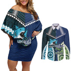 Custom Rugby Sharks and Raiders Couples Matching Off Shoulder Short Dress and Long Sleeve Button Shirt 2026 Together Aboriginal Polynesian Pattern