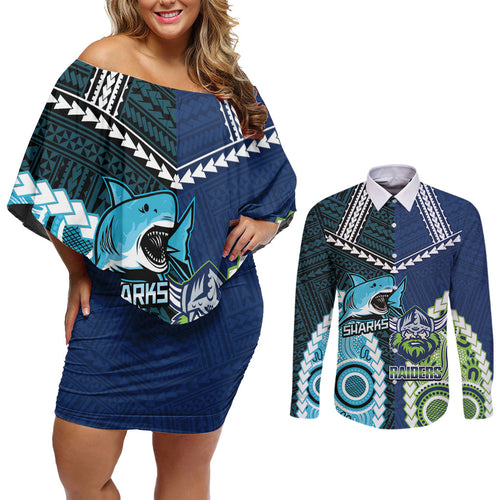 Custom Rugby Sharks and Raiders Couples Matching Off Shoulder Short Dress and Long Sleeve Button Shirt 2026 Together Aboriginal Polynesian Pattern