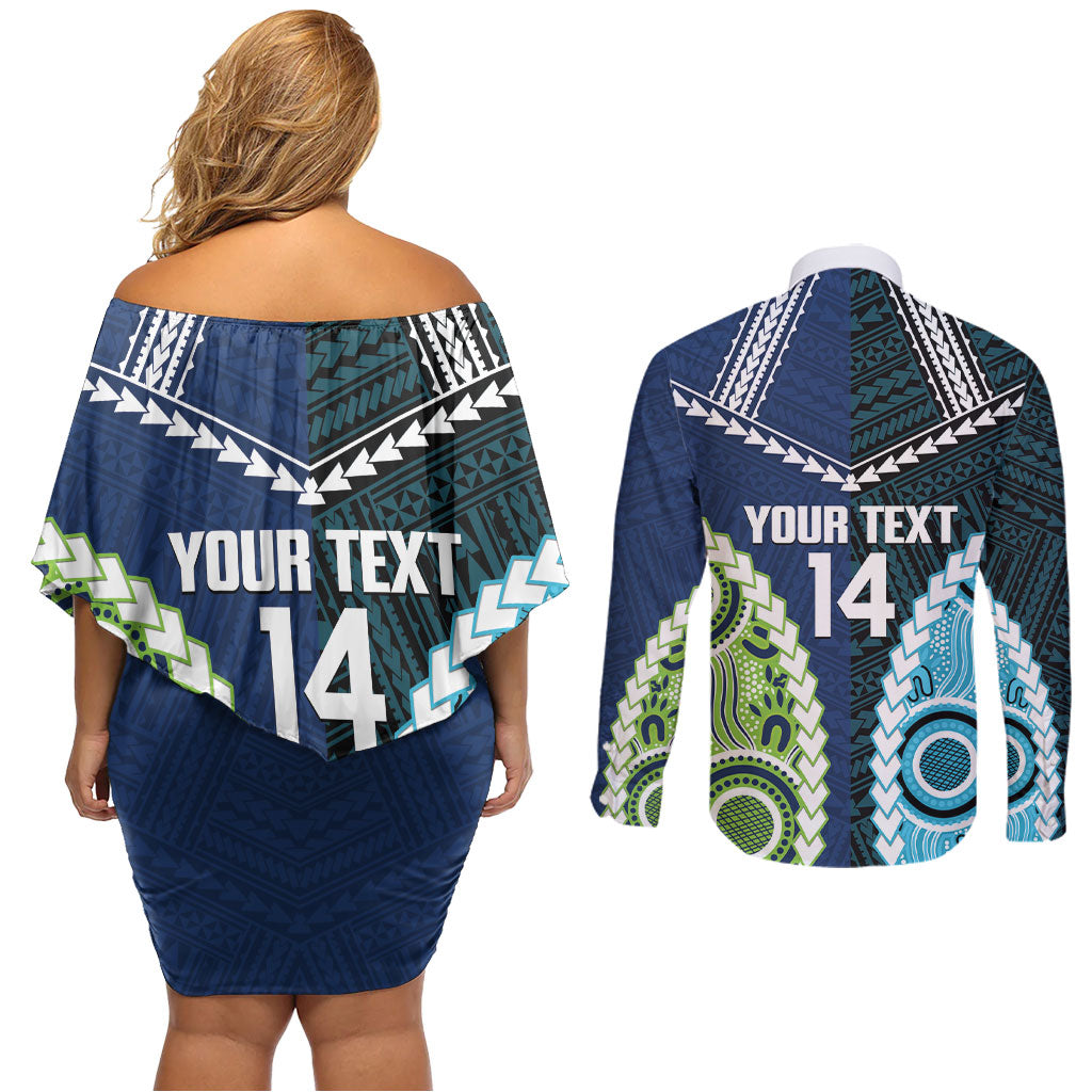 Custom Rugby Sharks and Raiders Couples Matching Off Shoulder Short Dress and Long Sleeve Button Shirt 2026 Together Aboriginal Polynesian Pattern