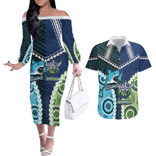 Custom Rugby Sharks and Raiders Couples Matching Off The Shoulder Long Sleeve Dress and Hawaiian Shirt 2026 Together Aboriginal Polynesian Pattern