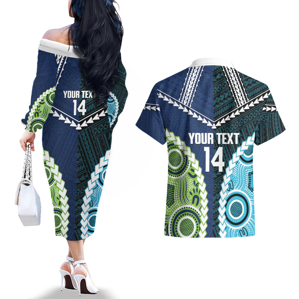 Custom Rugby Sharks and Raiders Couples Matching Off The Shoulder Long Sleeve Dress and Hawaiian Shirt 2026 Together Aboriginal Polynesian Pattern