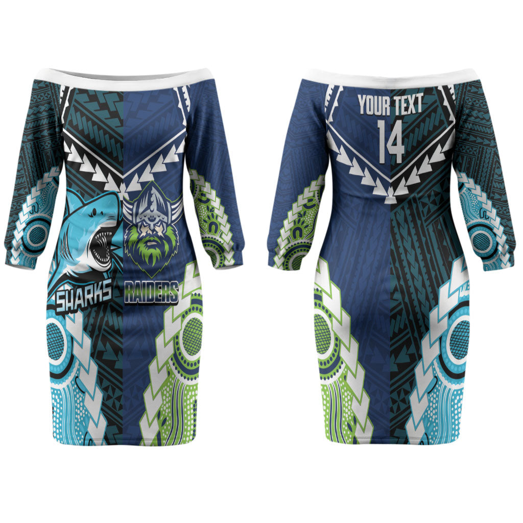 Custom Rugby Sharks and Raiders Couples Matching Off The Shoulder Long Sleeve Dress and Hawaiian Shirt 2026 Together Aboriginal Polynesian Pattern LT14