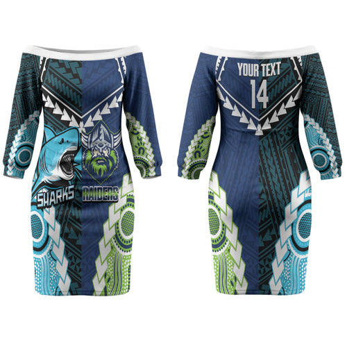 Custom Rugby Sharks and Raiders Couples Matching Off The Shoulder Long Sleeve Dress and Hawaiian Shirt 2026 Together Aboriginal Polynesian Pattern LT14