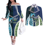 Custom Rugby Sharks and Raiders Couples Matching Off The Shoulder Long Sleeve Dress and Long Sleeve Button Shirt 2026 Together Aboriginal Polynesian Pattern