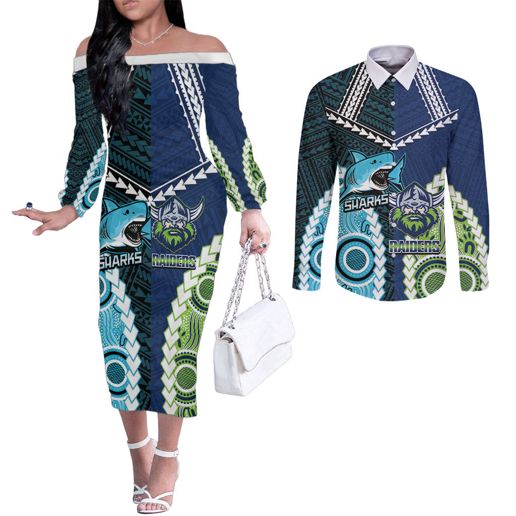 Custom Rugby Sharks and Raiders Couples Matching Off The Shoulder Long Sleeve Dress and Long Sleeve Button Shirt 2026 Together Aboriginal Polynesian Pattern