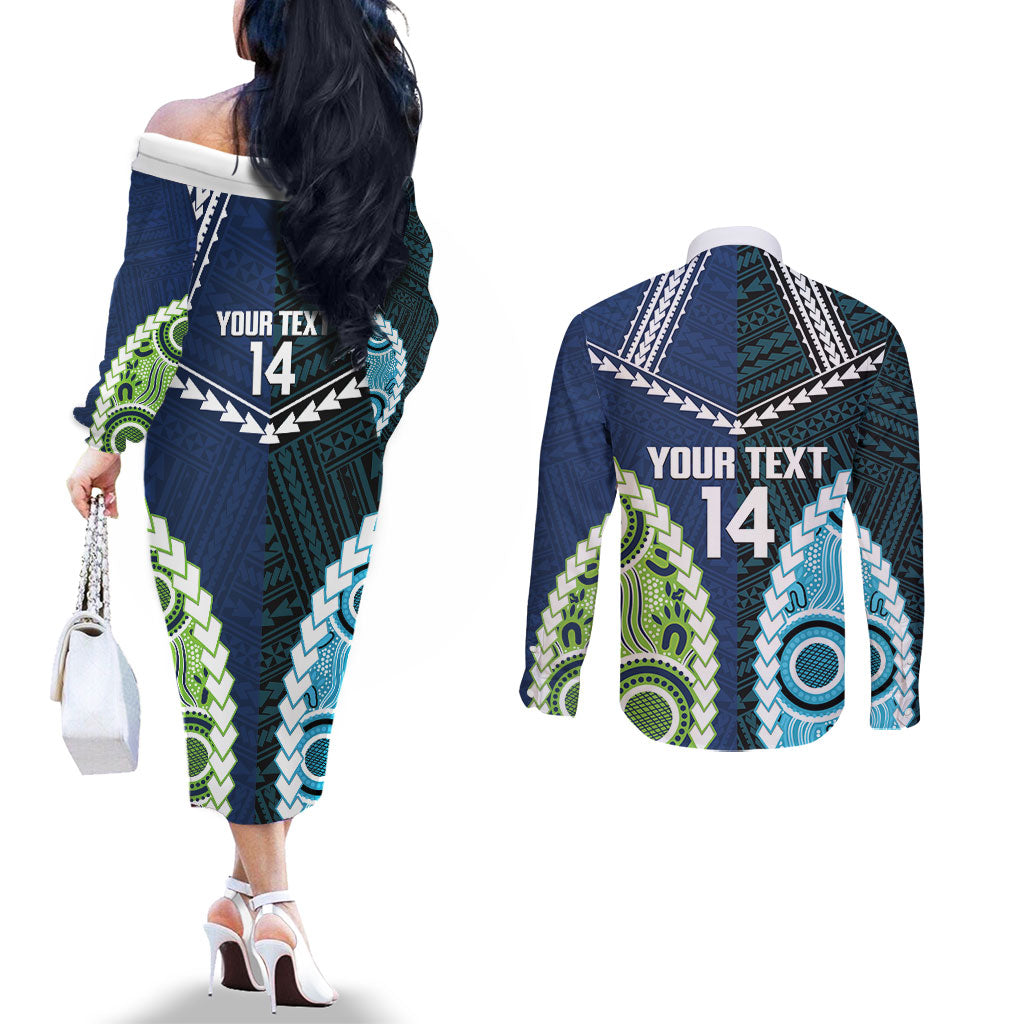 Custom Rugby Sharks and Raiders Couples Matching Off The Shoulder Long Sleeve Dress and Long Sleeve Button Shirt 2026 Together Aboriginal Polynesian Pattern