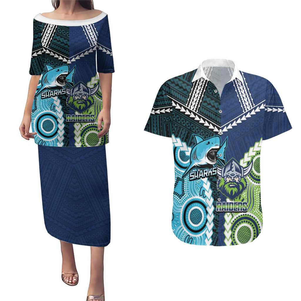 Custom Rugby Sharks and Raiders Couples Matching Puletasi and Hawaiian Shirt 2026 Together Aboriginal Polynesian Pattern