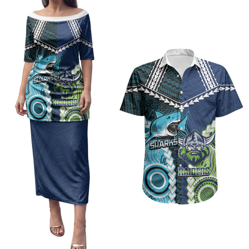 Custom Rugby Sharks and Raiders Couples Matching Puletasi and Hawaiian Shirt 2026 Together Aboriginal Polynesian Pattern