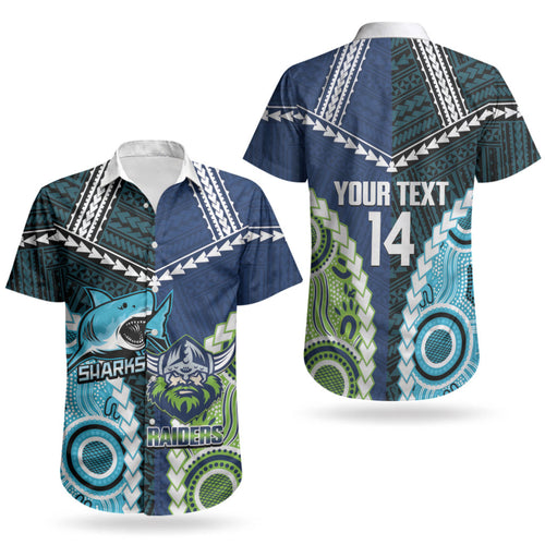 Custom Rugby Sharks and Raiders Couples Matching Puletasi and Hawaiian Shirt 2026 Together Aboriginal Polynesian Pattern