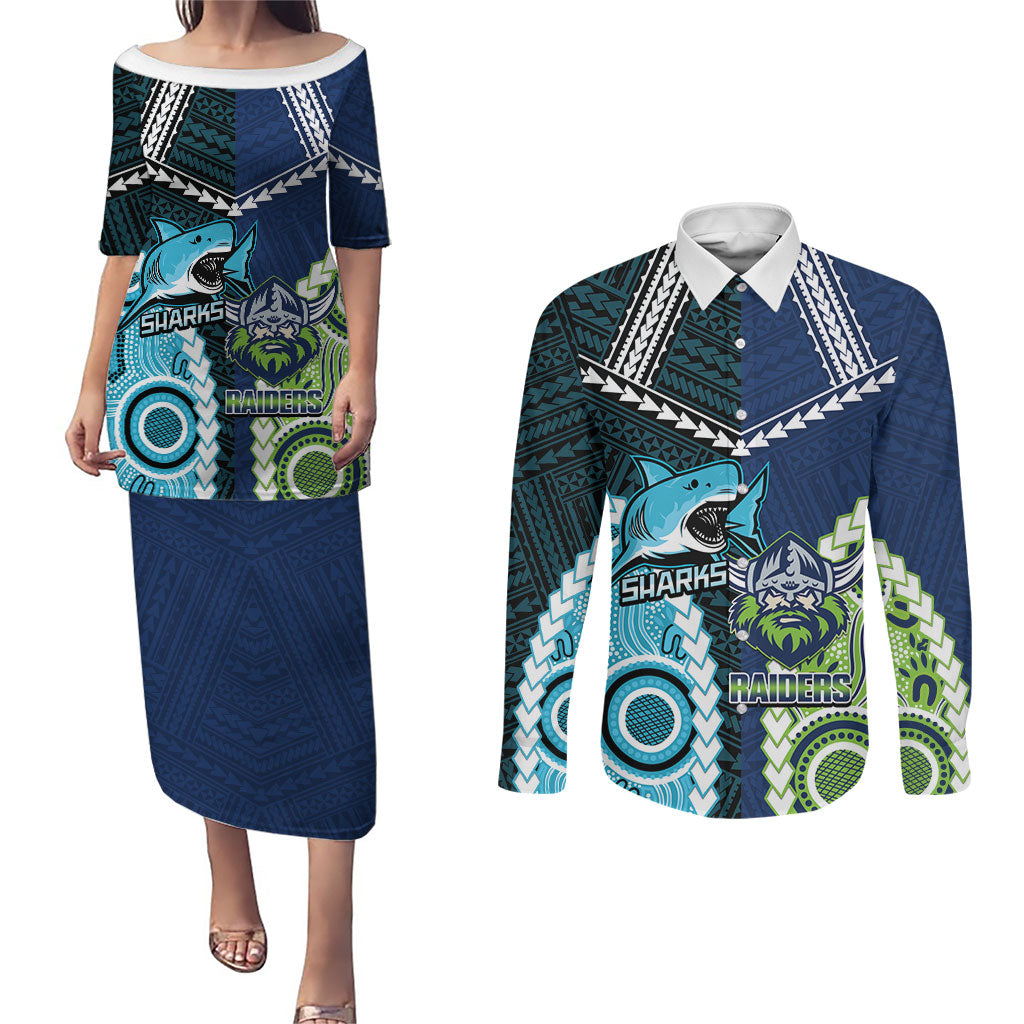 Custom Rugby Sharks and Raiders Couples Matching Puletasi and Long Sleeve Button Shirt 2026 Together Aboriginal Polynesian Pattern