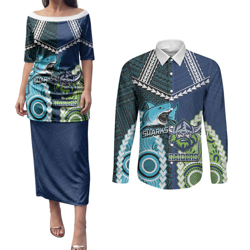 Custom Rugby Sharks and Raiders Couples Matching Puletasi and Long Sleeve Button Shirt 2026 Together Aboriginal Polynesian Pattern