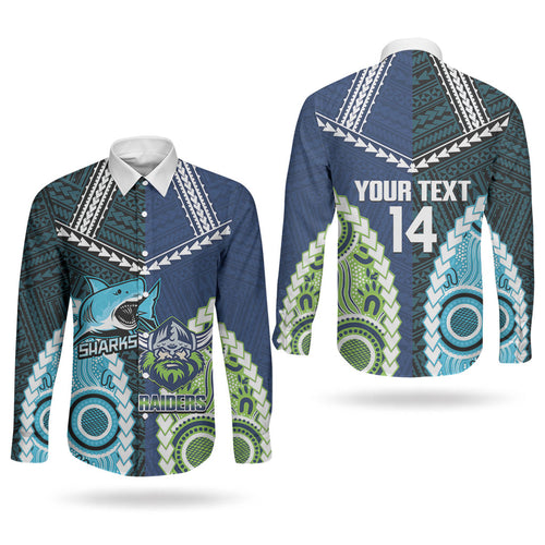 Custom Rugby Sharks and Raiders Couples Matching Puletasi and Long Sleeve Button Shirt 2026 Together Aboriginal Polynesian Pattern