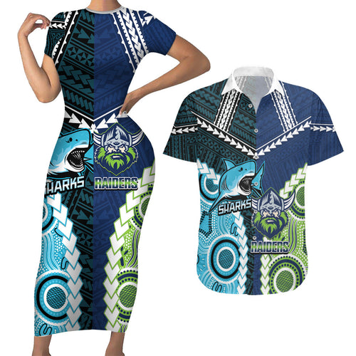 Custom Rugby Sharks and Raiders Couples Matching Short Sleeve Bodycon Dress and Hawaiian Shirt 2026 Together Aboriginal Polynesian Pattern