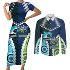 Custom Rugby Sharks and Raiders Couples Matching Short Sleeve Bodycon Dress and Long Sleeve Button Shirt 2026 Together Aboriginal Polynesian Pattern