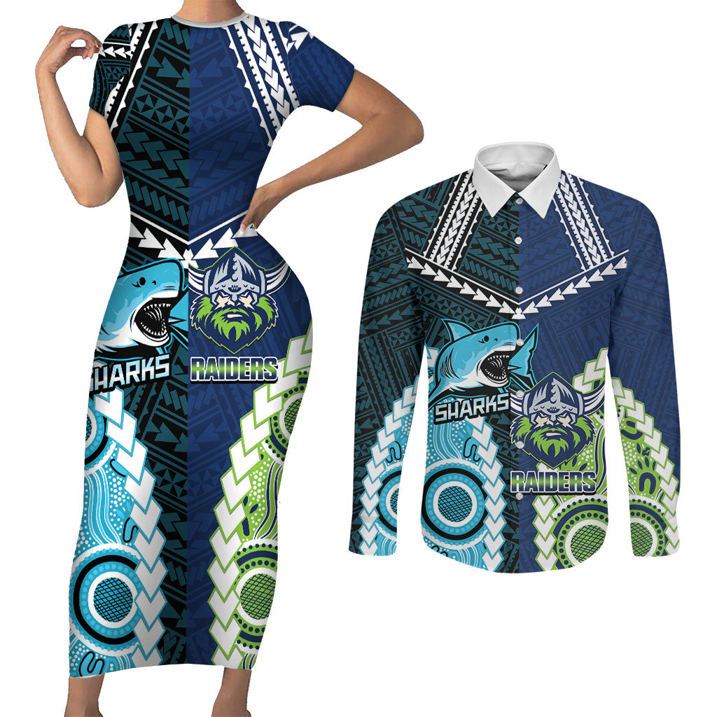 Custom Rugby Sharks and Raiders Couples Matching Short Sleeve Bodycon Dress and Long Sleeve Button Shirt 2026 Together Aboriginal Polynesian Pattern