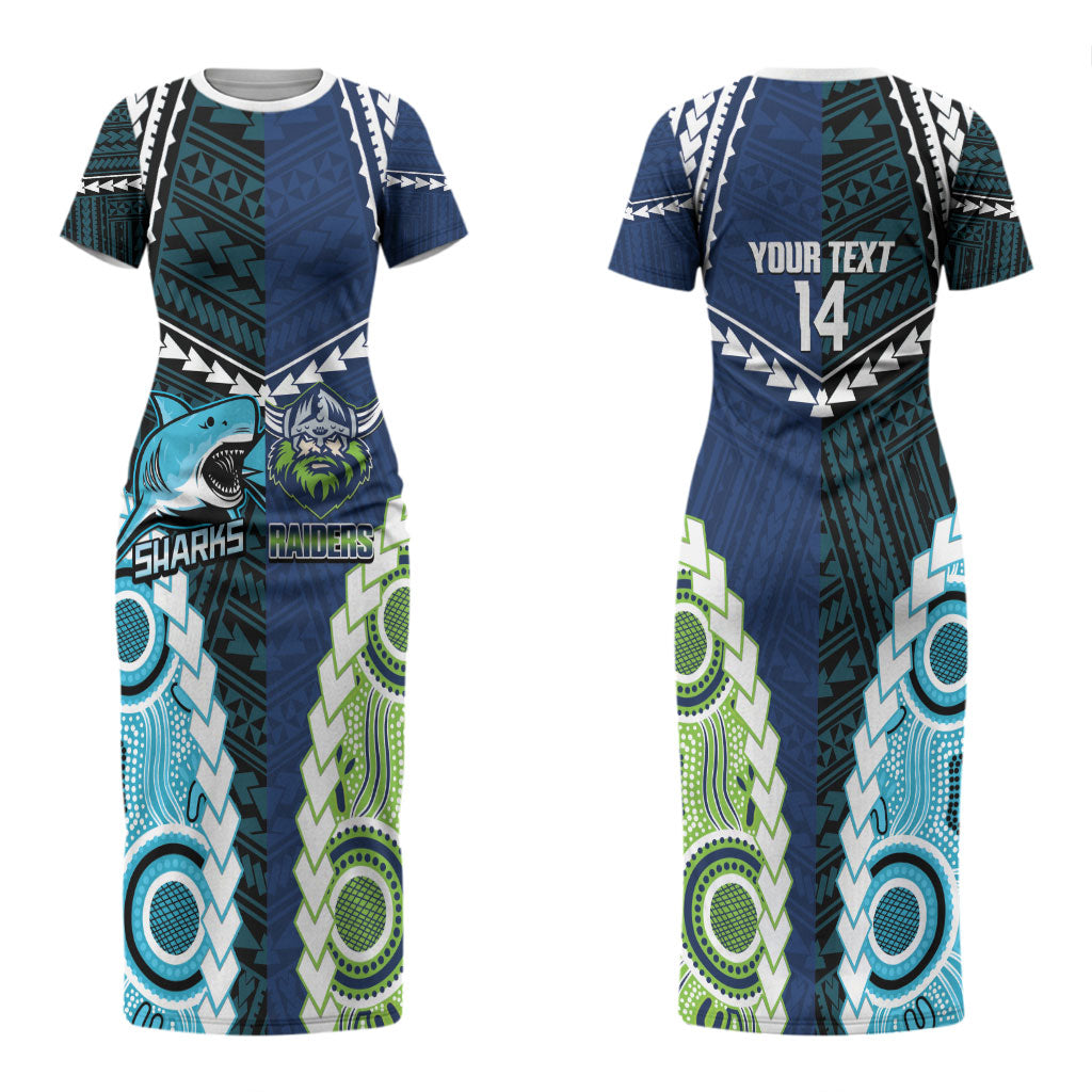 Custom Rugby Sharks and Raiders Couples Matching Short Sleeve Bodycon Dress and Long Sleeve Button Shirt 2026 Together Aboriginal Polynesian Pattern LT14