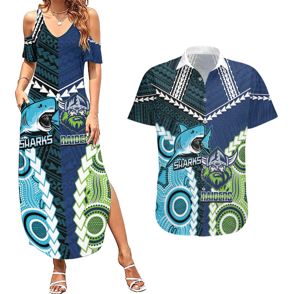 Custom Rugby Sharks and Raiders Couples Matching Summer Maxi Dress and Hawaiian Shirt 2026 Together Aboriginal Polynesian Pattern