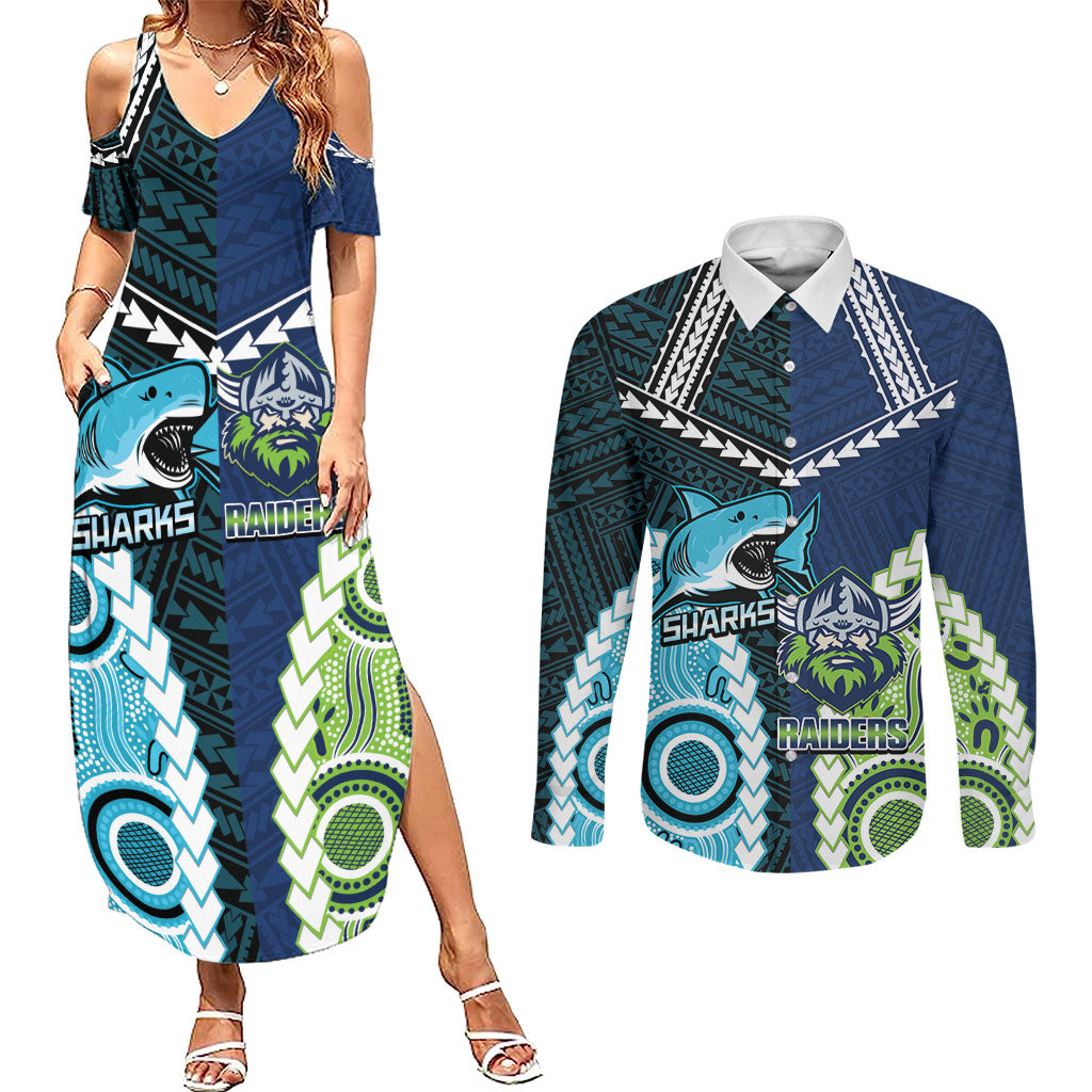 Custom Rugby Sharks and Raiders Couples Matching Summer Maxi Dress and Long Sleeve Button Shirt 2026 Together Aboriginal Polynesian Pattern