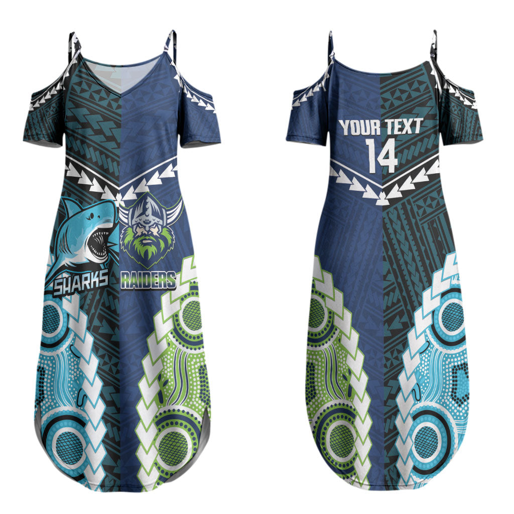 Custom Rugby Sharks and Raiders Couples Matching Summer Maxi Dress and Long Sleeve Button Shirt 2026 Together Aboriginal Polynesian Pattern LT14