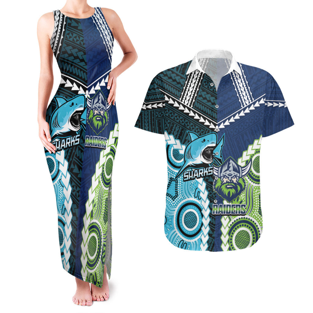 Custom Rugby Sharks and Raiders Couples Matching Tank Maxi Dress and Hawaiian Shirt 2026 Together Aboriginal Polynesian Pattern