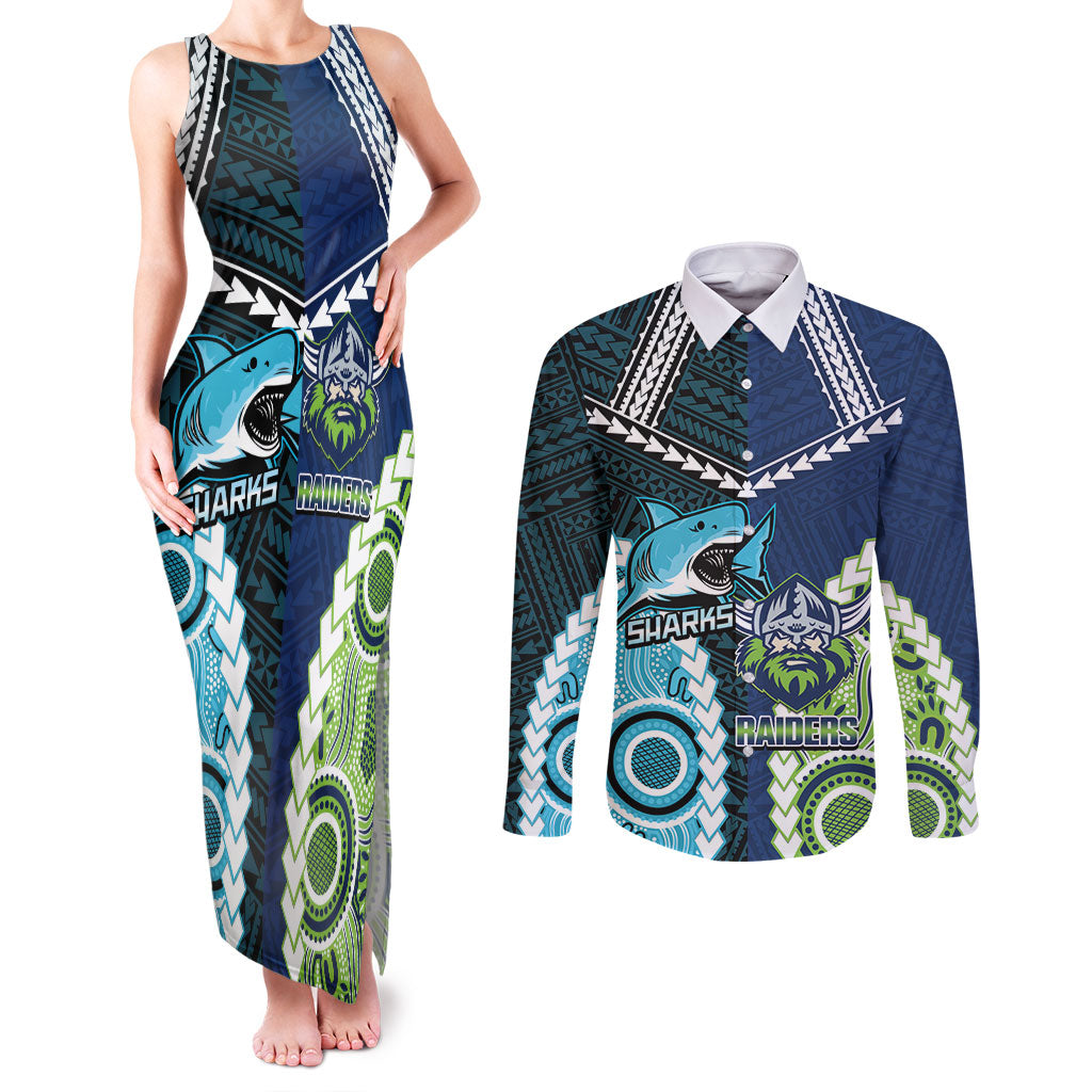Custom Rugby Sharks and Raiders Couples Matching Tank Maxi Dress and Long Sleeve Button Shirt 2026 Together Aboriginal Polynesian Pattern