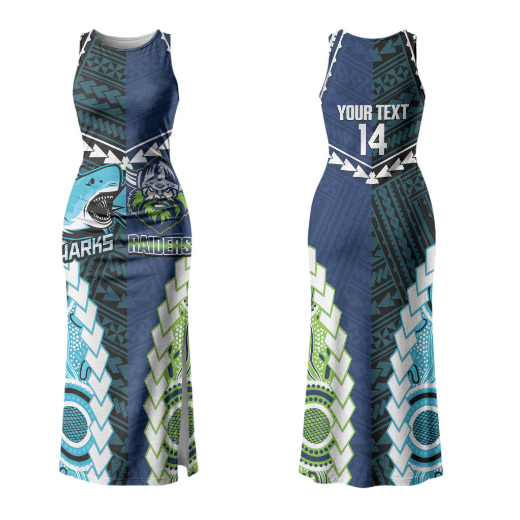 Custom Rugby Sharks and Raiders Couples Matching Tank Maxi Dress and Long Sleeve Button Shirt 2026 Together Aboriginal Polynesian Pattern LT14