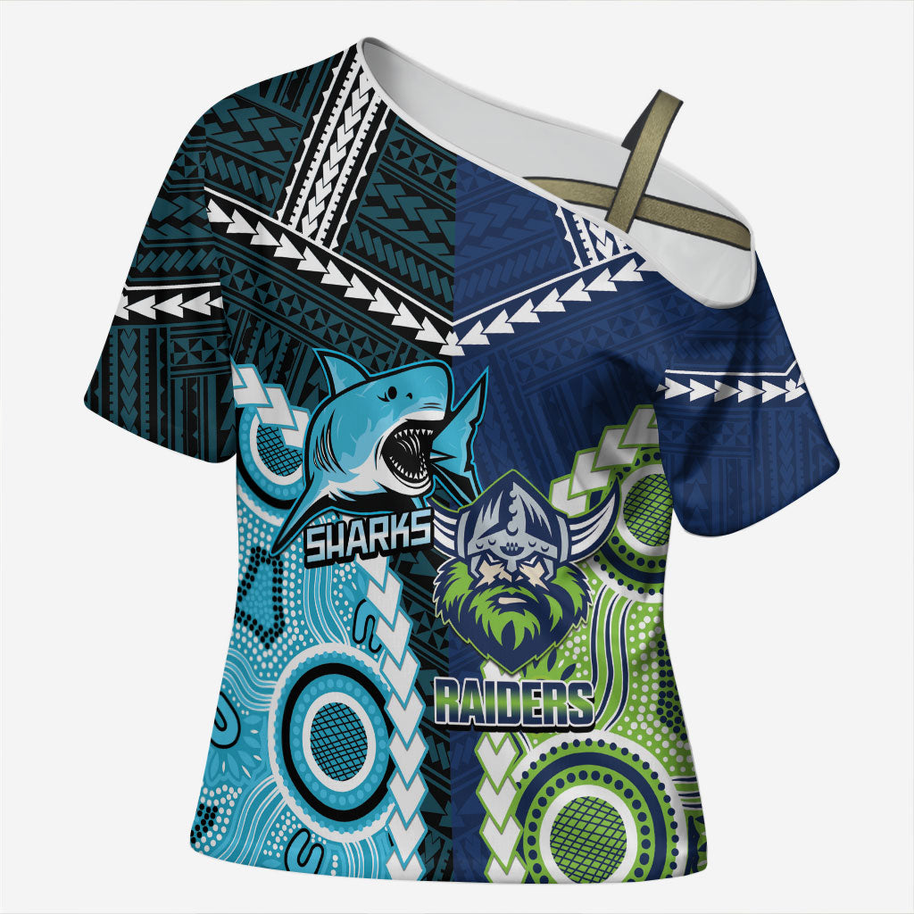 Custom Rugby Sharks and Raiders Cross Shoulder Shirt 2026 Together Aboriginal Polynesian Pattern