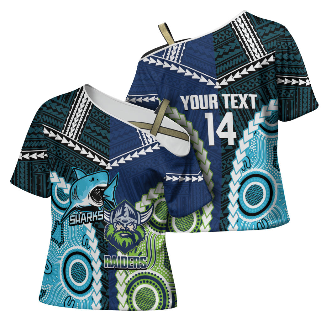 Custom Rugby Sharks and Raiders Cross Shoulder Shirt 2026 Together Aboriginal Polynesian Pattern