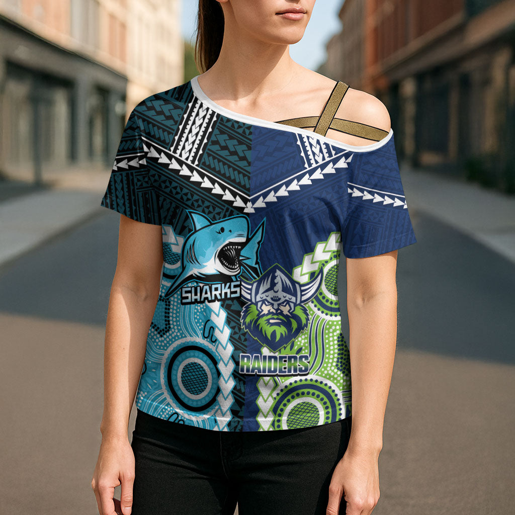 Custom Rugby Sharks and Raiders Cross Shoulder Shirt 2026 Together Aboriginal Polynesian Pattern