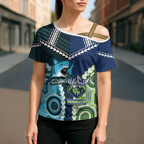 Custom Rugby Sharks and Raiders Cross Shoulder Shirt 2026 Together Aboriginal Polynesian Pattern
