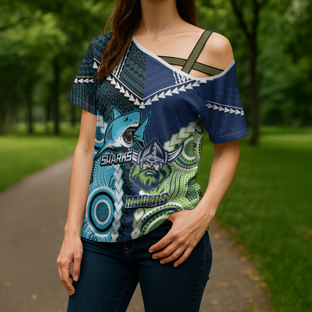 Custom Rugby Sharks and Raiders Cross Shoulder Shirt 2026 Together Aboriginal Polynesian Pattern