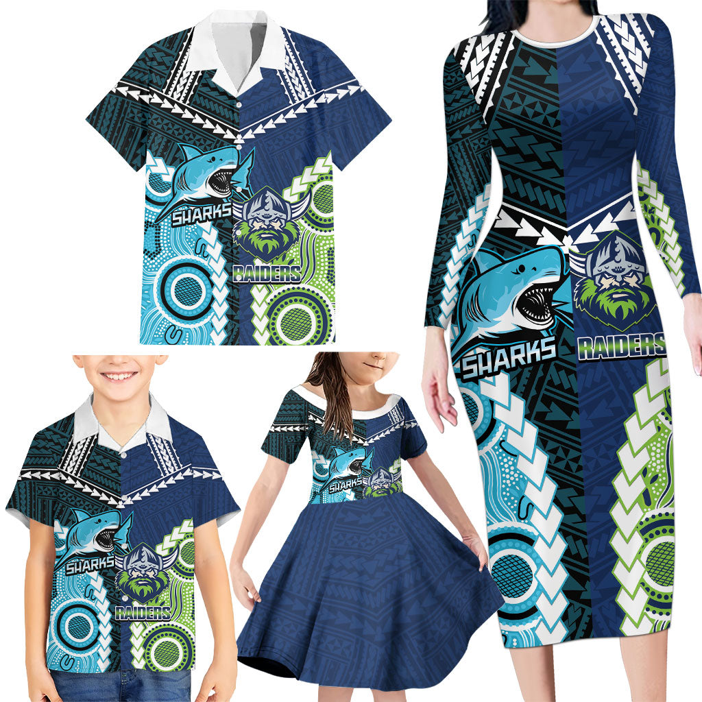 Custom Rugby Sharks and Raiders Family Matching Long Sleeve Bodycon Dress and Hawaiian Shirt 2026 Together Aboriginal Polynesian Pattern