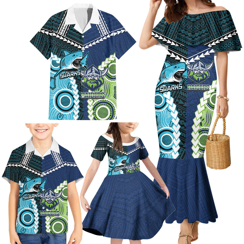 Custom Rugby Sharks and Raiders Family Matching Mermaid Dress and Hawaiian Shirt 2026 Together Aboriginal Polynesian Pattern