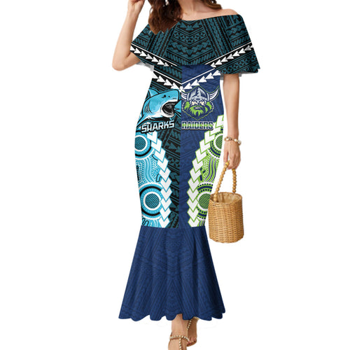 Custom Rugby Sharks and Raiders Family Matching Mermaid Dress and Hawaiian Shirt 2026 Together Aboriginal Polynesian Pattern
