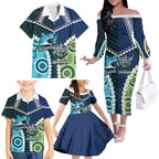 Custom Rugby Sharks and Raiders Family Matching Off The Shoulder Long Sleeve Dress and Hawaiian Shirt 2026 Together Aboriginal Polynesian Pattern