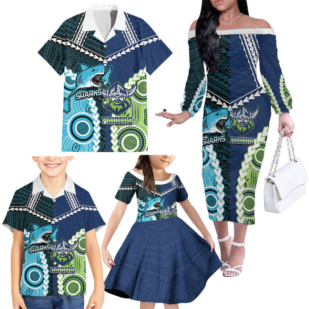 Custom Rugby Sharks and Raiders Family Matching Off The Shoulder Long Sleeve Dress and Hawaiian Shirt 2026 Together Aboriginal Polynesian Pattern