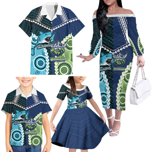 Custom Rugby Sharks and Raiders Family Matching Off The Shoulder Long Sleeve Dress and Hawaiian Shirt 2026 Together Aboriginal Polynesian Pattern