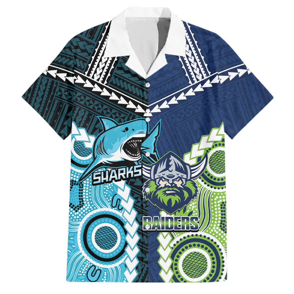 Custom Rugby Sharks and Raiders Family Matching Off The Shoulder Long Sleeve Dress and Hawaiian Shirt 2026 Together Aboriginal Polynesian Pattern